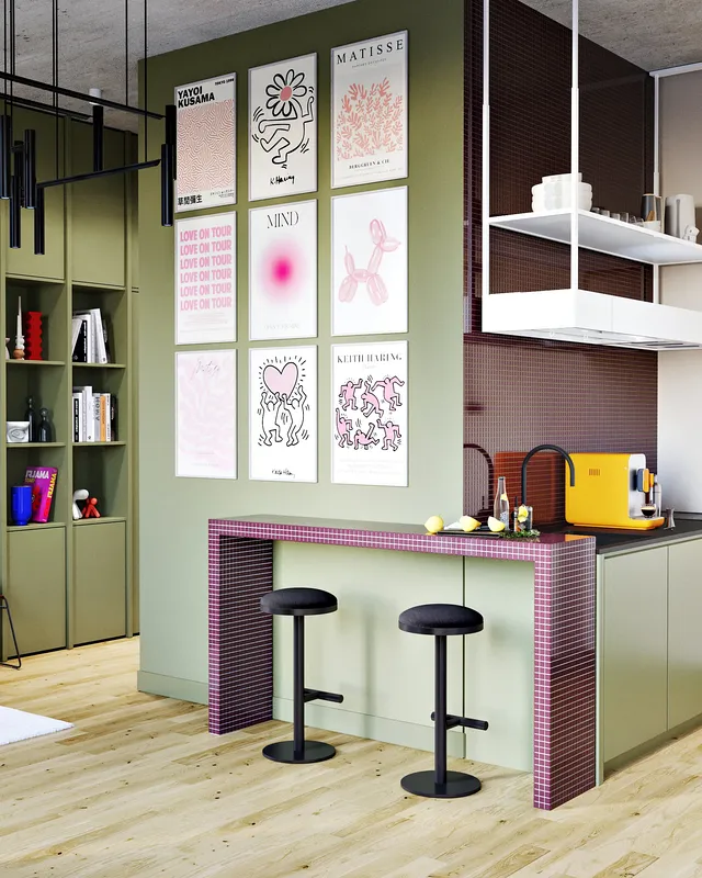 Kitchen bar counter and hallway shelving unit design