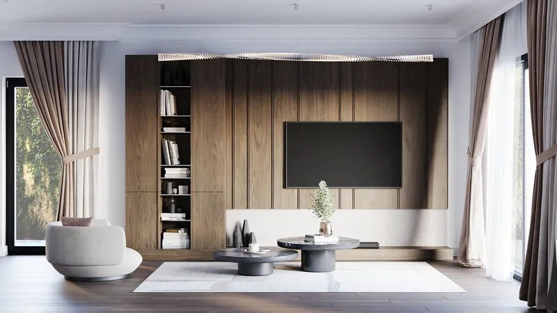 Front view of main living area with TV wall and armchairs