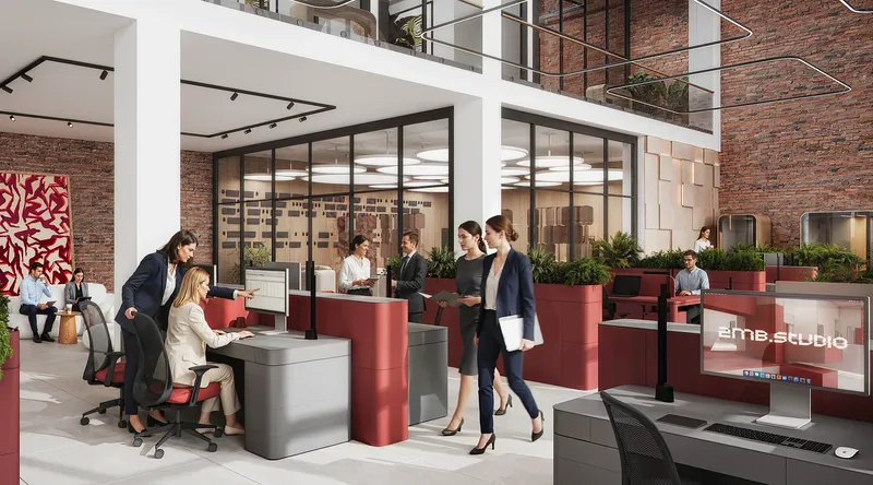 Busy open-plan office with employees working at partitioned desks near the break area.