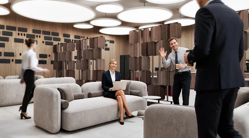 Staff socializing and drinking coffee in a modern, cozy office break room.