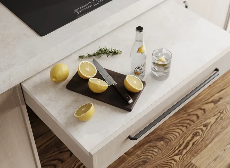 Sliding countertop with decorative elements.