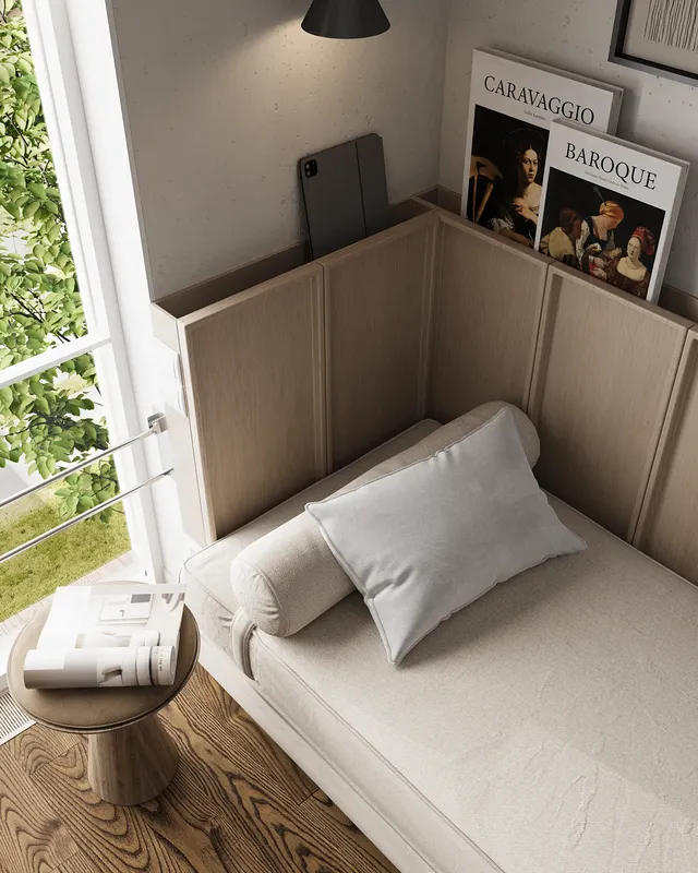 Bed headboard with a storage panel and bedside table.