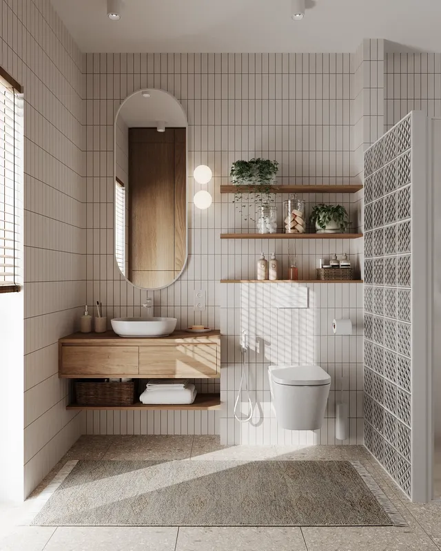 Toilet installation with shelves, sink vanity, mirror, and sconce.