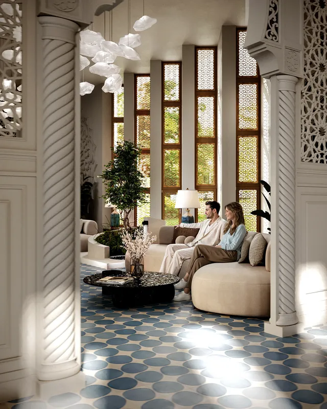 Angled view of a lobby with a couple waiting to check in.