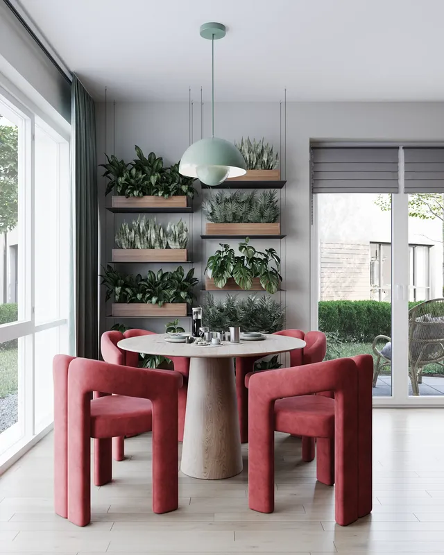 Dining table for four people next to a shelving unit with plants.