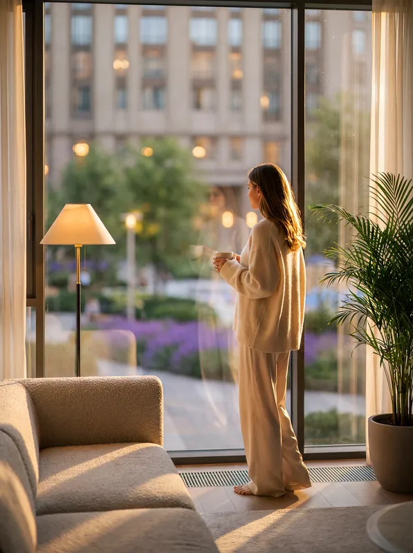 Woman enjoying tea by a large window with a scenic sunset view.