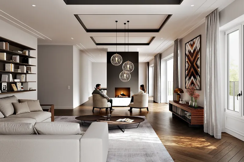 Couple relaxing by a fireplace partition in a modern living room.