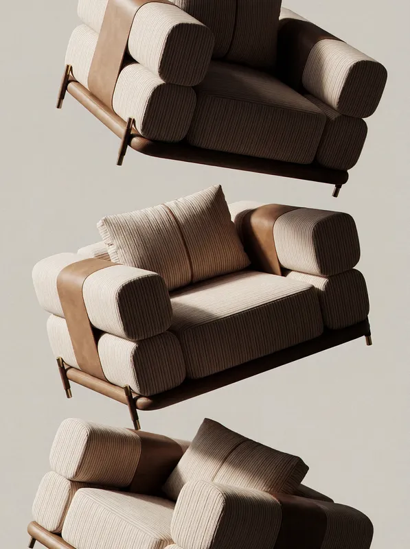 Collage view displaying the modern armchair from various angles and positions.