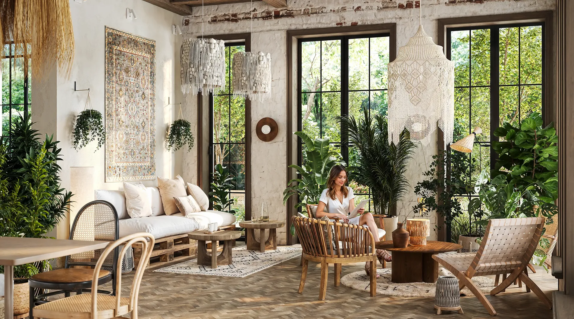 Elegant restaurant lounge area featuring a plush sofa, coffee tables, and a cozy armchair grouping.