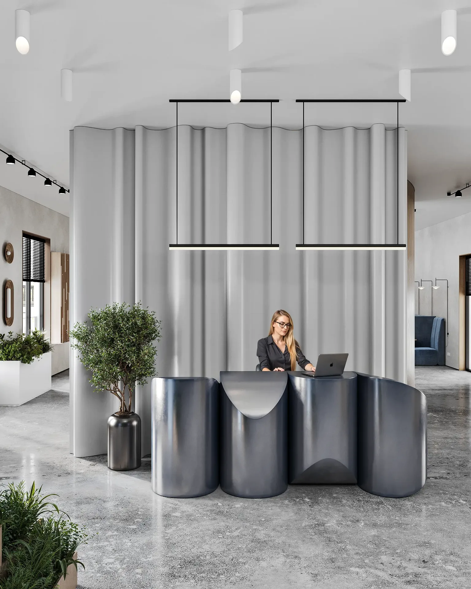 Modern office reception desk, frontal perspective.