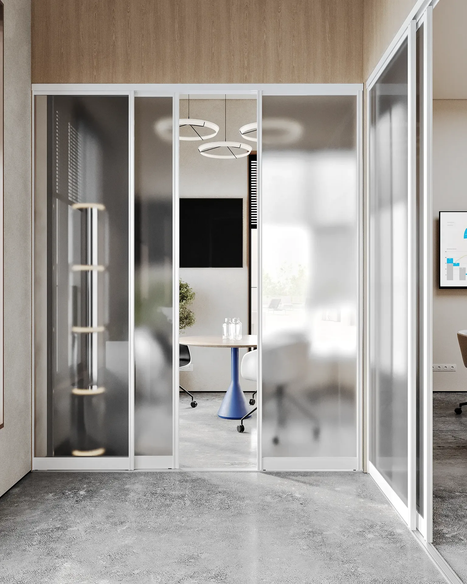Frontal view into a modern, glass-walled meeting room set for four people.