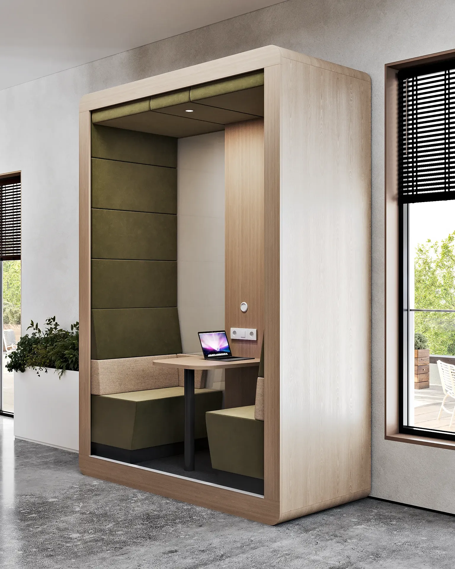 Private two-person meeting pod upholstered in a vibrant green acoustic fabric.