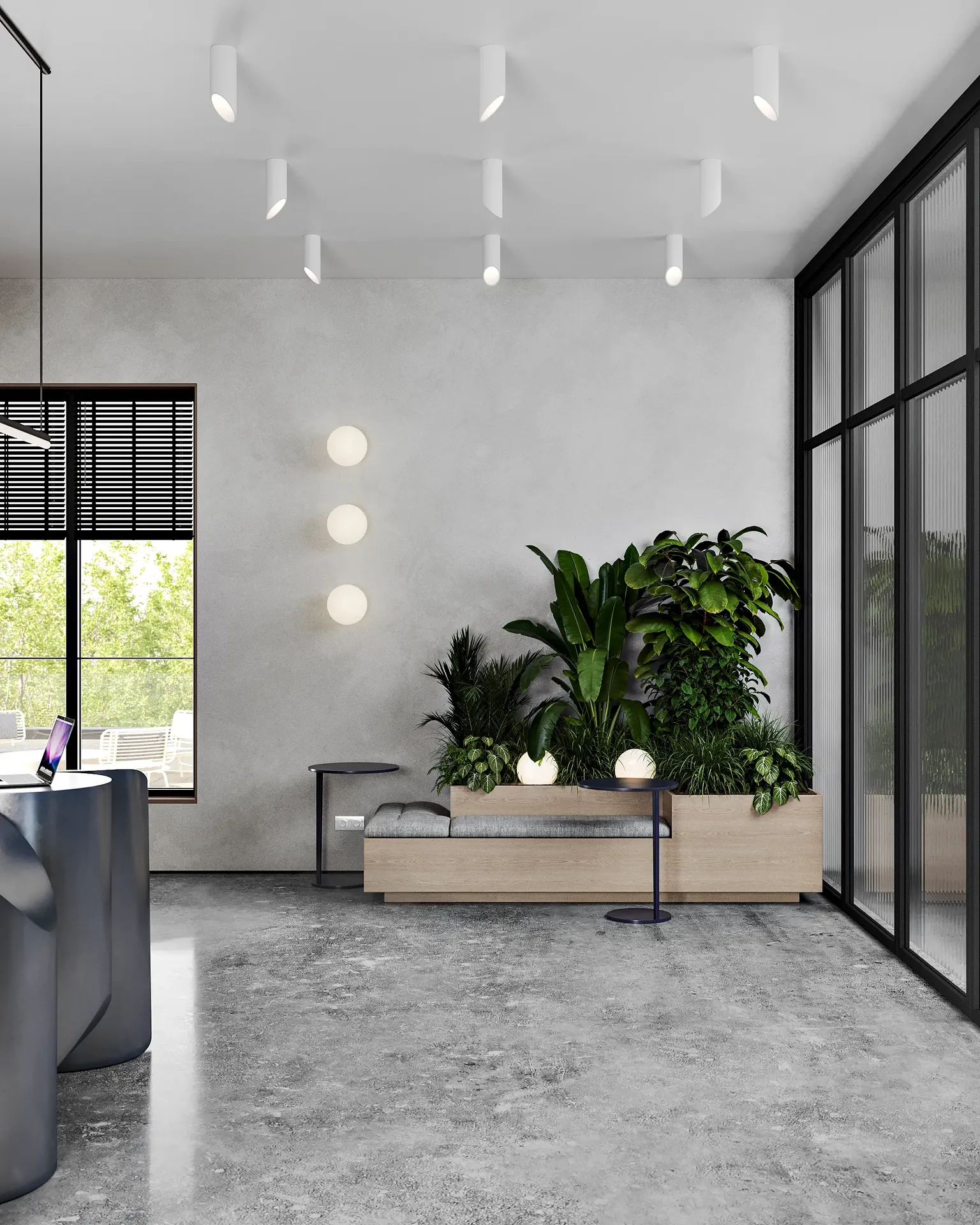 Reception waiting area with contemporary seating and a decorative floral arrangement.