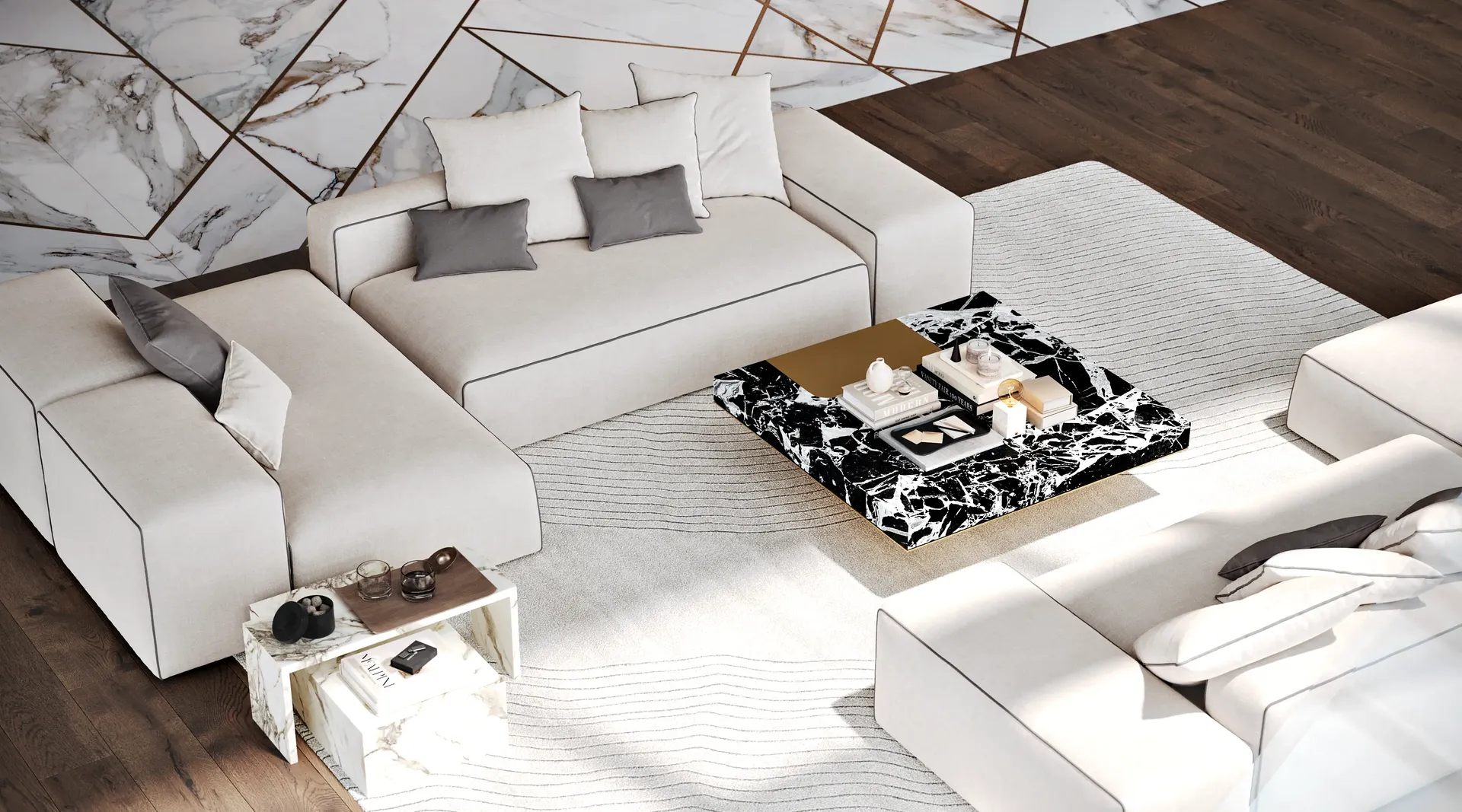 Overhead view of a luxurious living room sofa arrangement in a neoclassical interior.