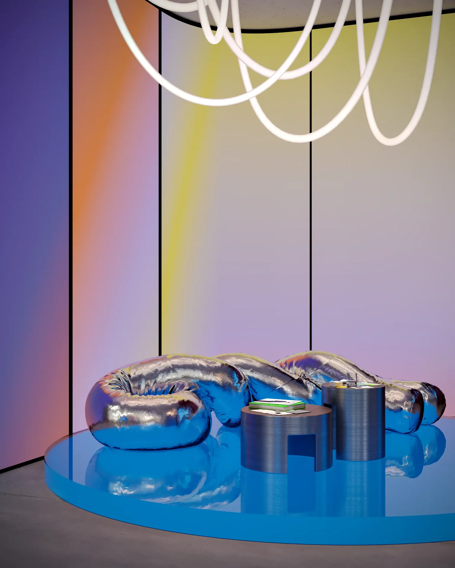 Comfortable waiting lounge featuring a modern sofa and a central coffee table.