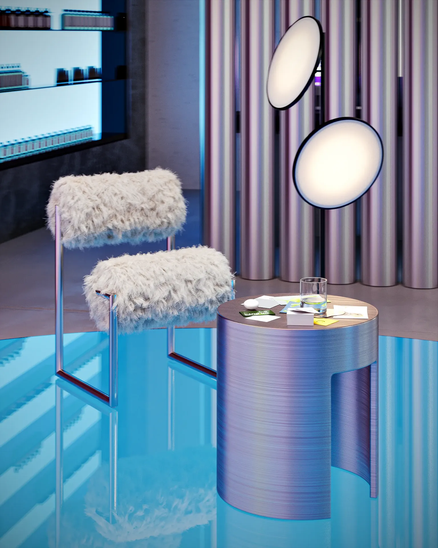 Cozy lounge nook featuring a comfortable armchair and a small coffee table.