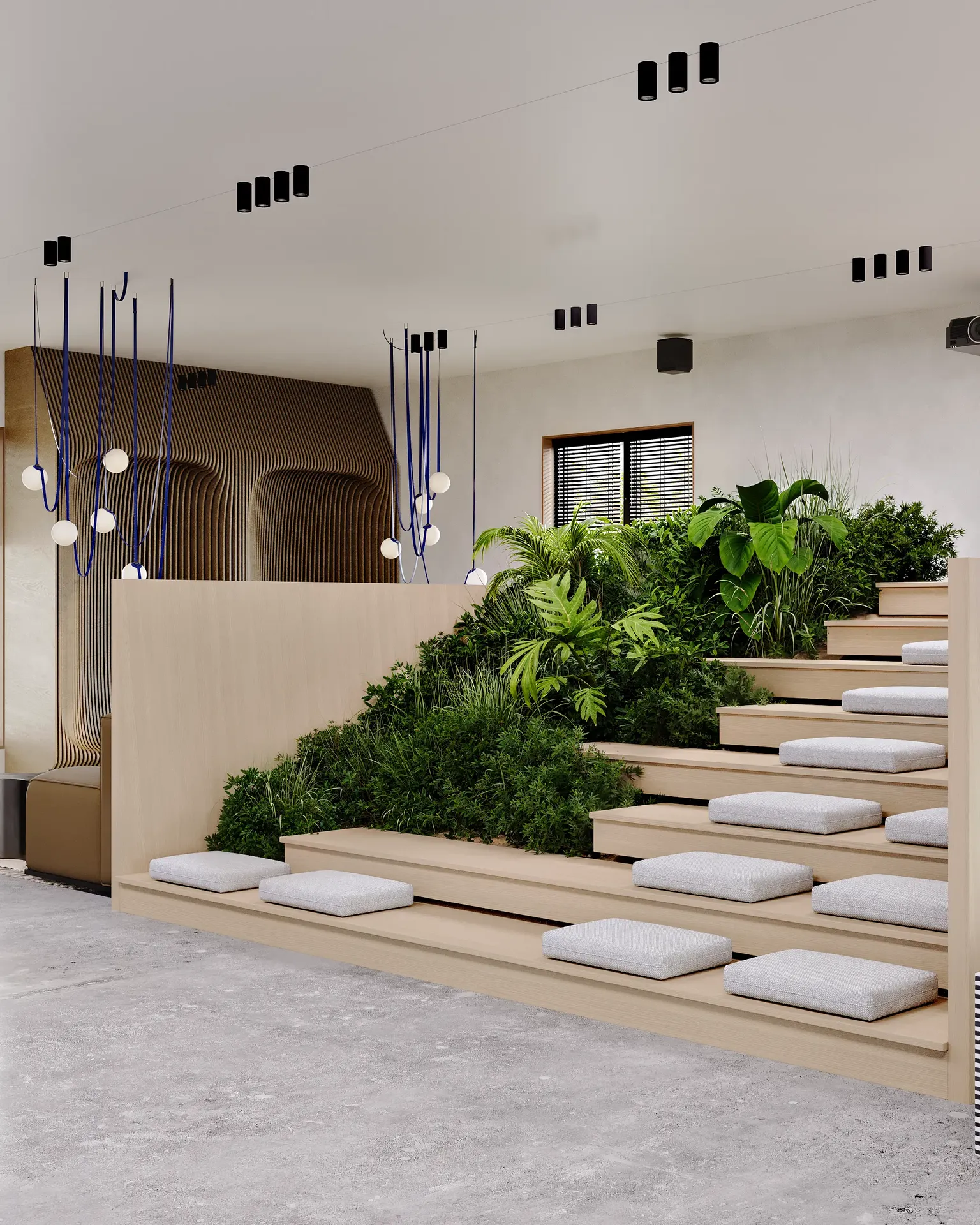 Screening room seating area, accented by a large decorative plant arrangement.