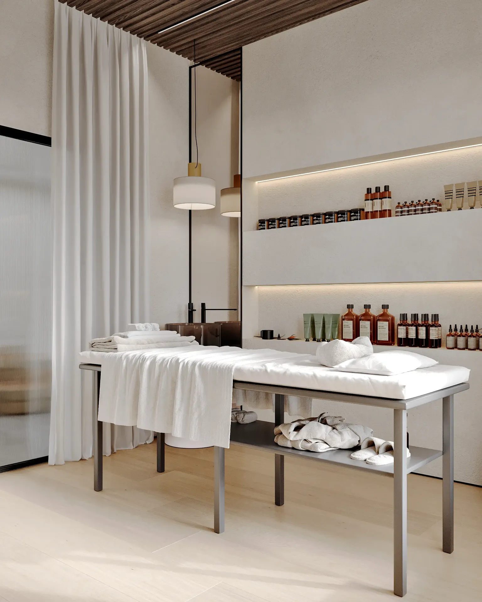 Tranquil massage room interior with a treatment bed and shelving for cosmetic products.