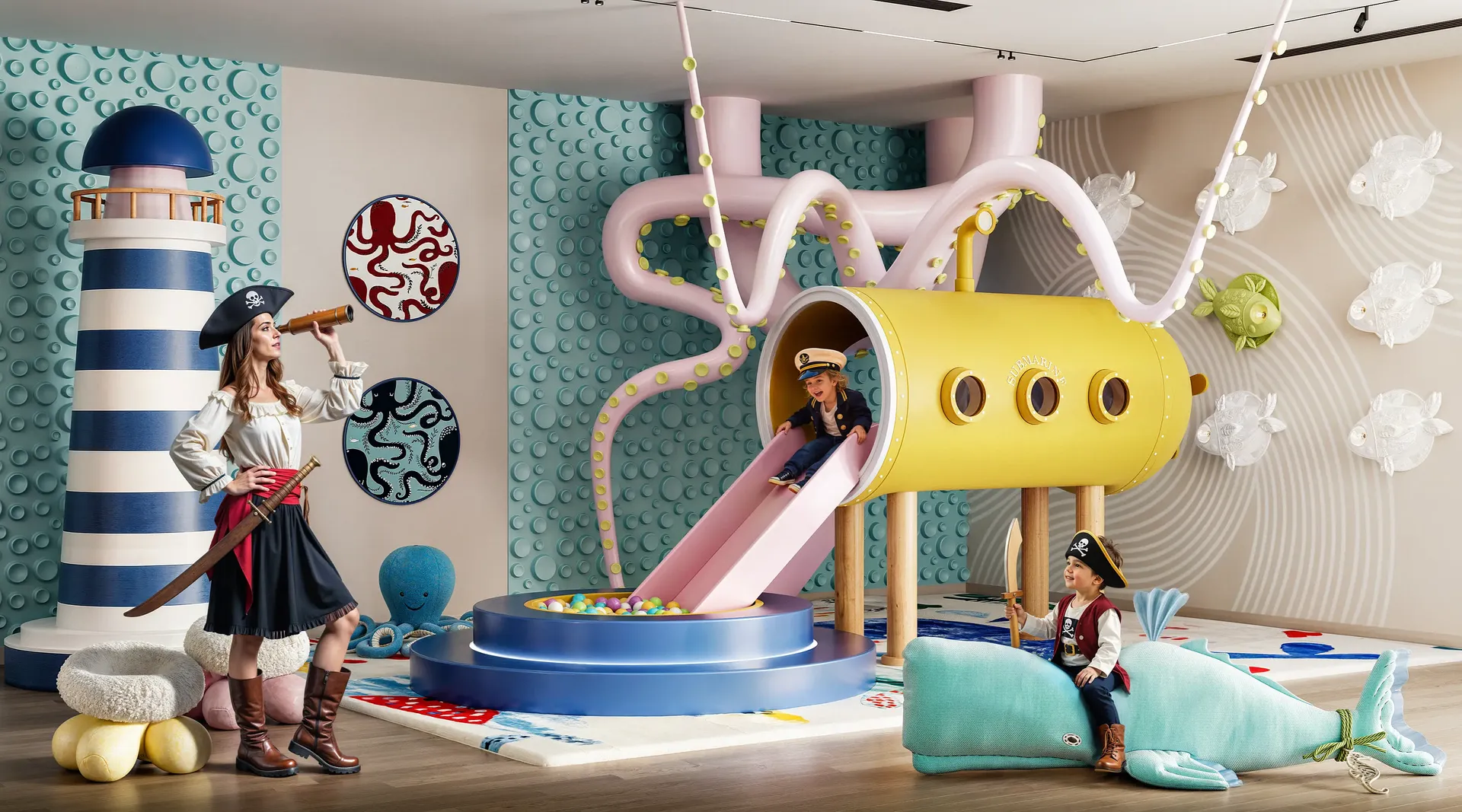 Lively pirate-themed play zone with an entertainer in costume engaging children in a fun activity.