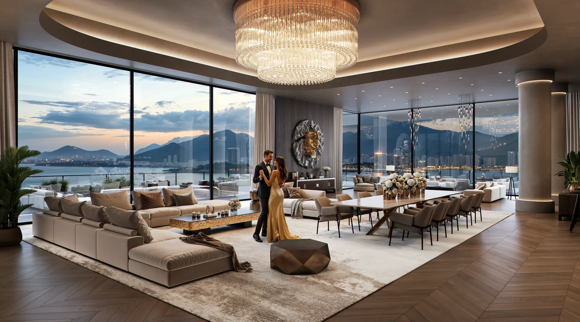 Luxurious penthouse living room with panoramic sunset views, featuring a couple slow dancing by the window.
