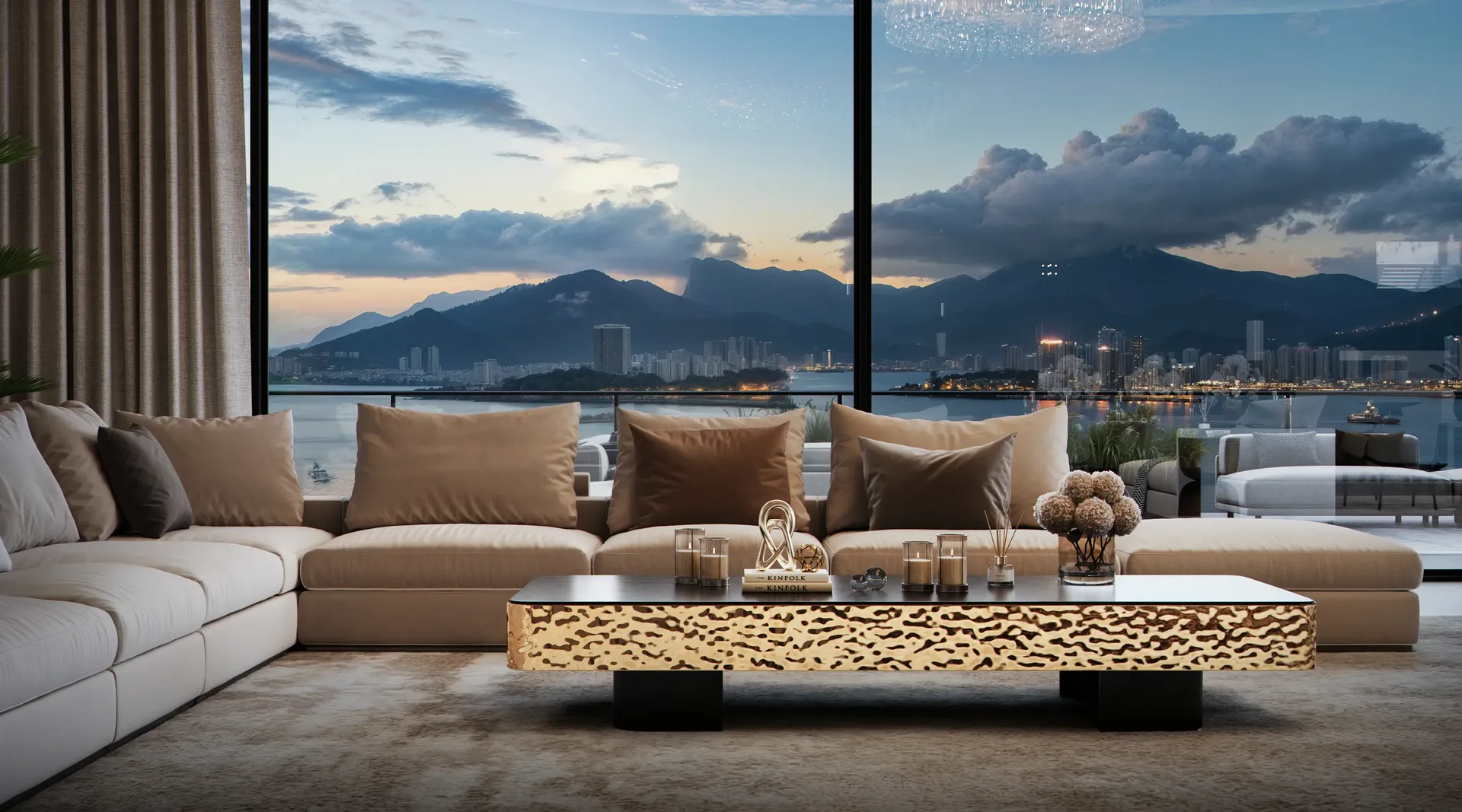 Modern minimalist sofa grouping with a low coffee table, set against the warm glow of a dramatic sunset.