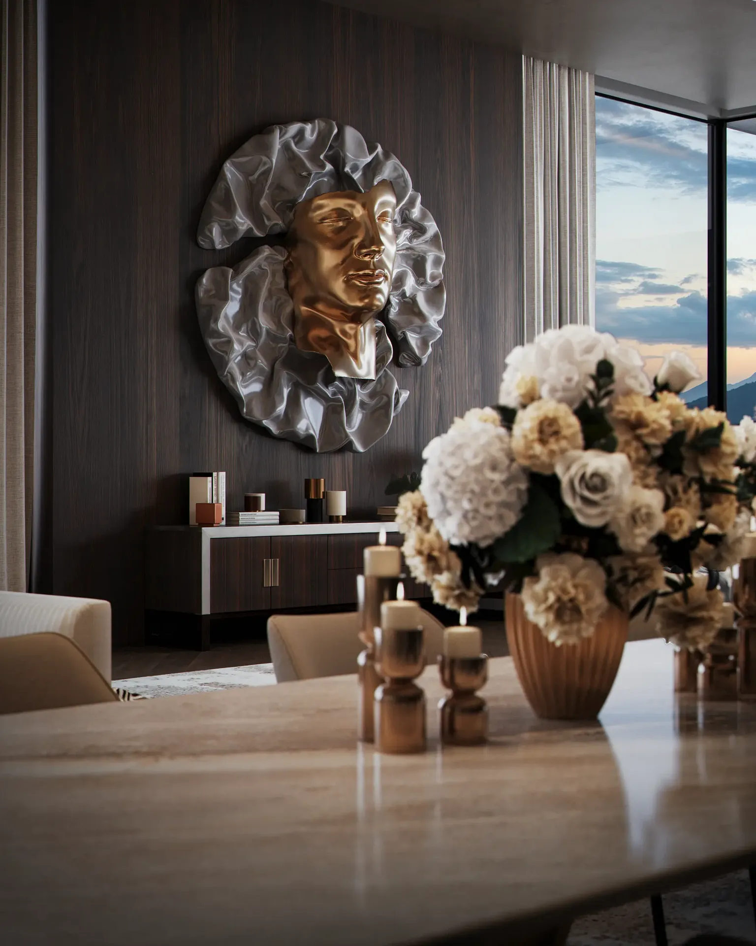 Detail shot of a striking decorative wall panel and curated art objects on a console table in a luxury interior.