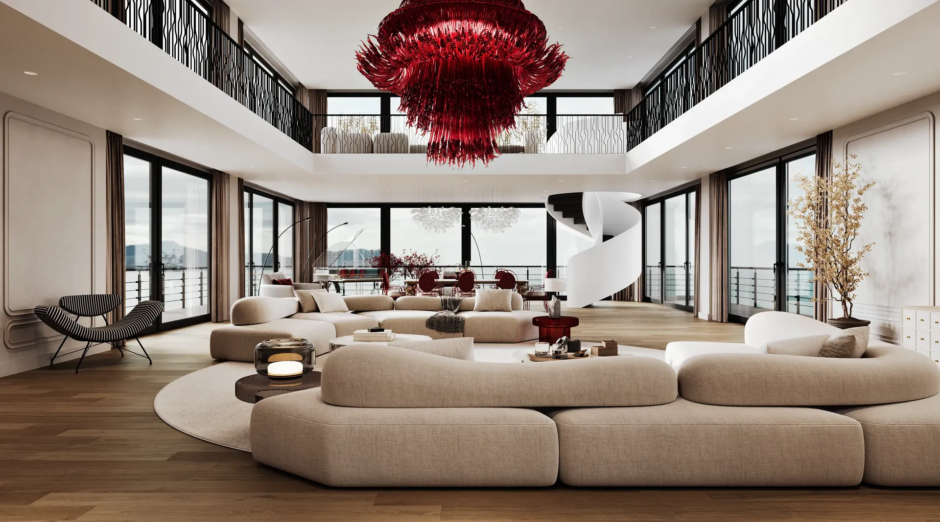 Modern living room featuring a plush sofa group and a striking staircase leading to the second floor.