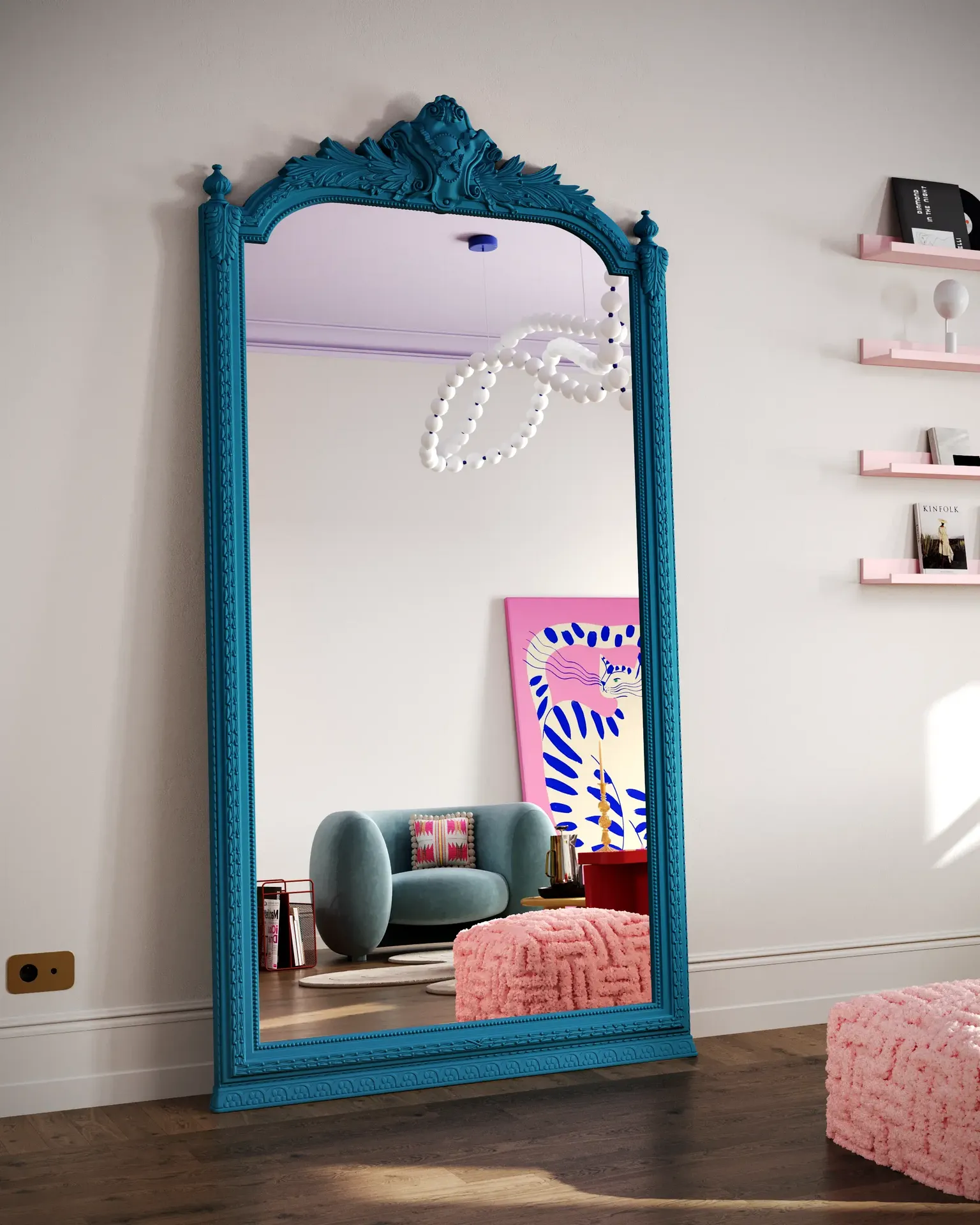 Minimalist full-length floor mirror with a sleek black frame in a bright, modern room.