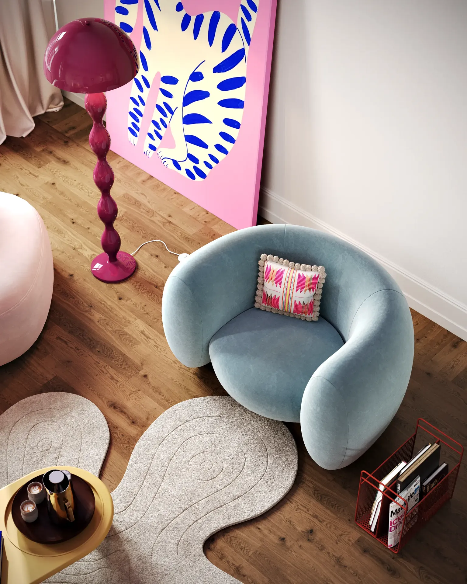 Top-down view of a stylish blue armchair, showcasing its bold color and modern Pop Art design.