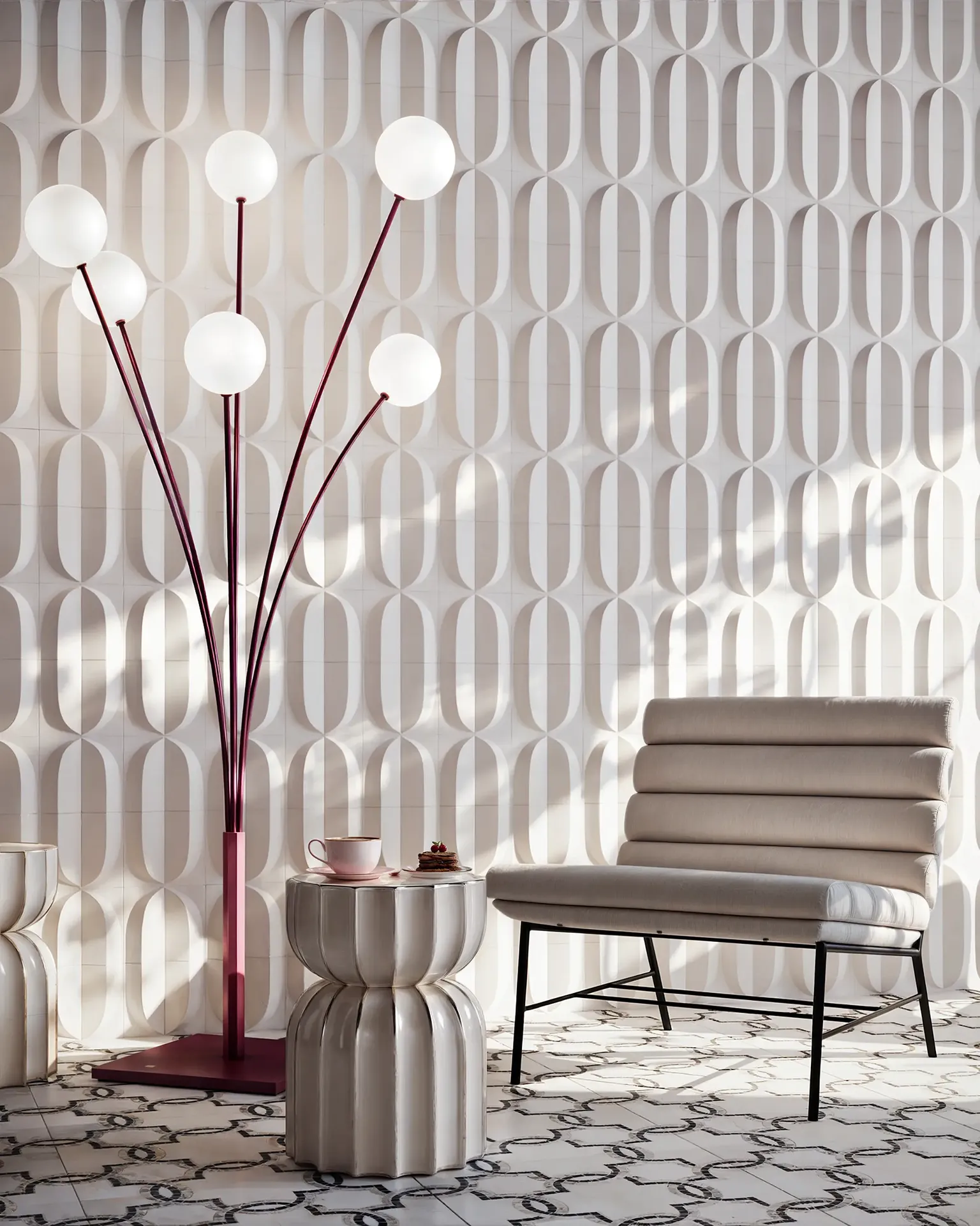 Cozy waiting nook in a serene cafe, featuring a comfortable armchair and a small coffee table.