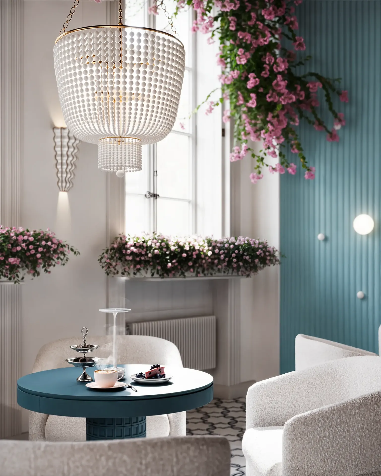 Bright and inviting dining table set for four in a modern, serene cafe environment.