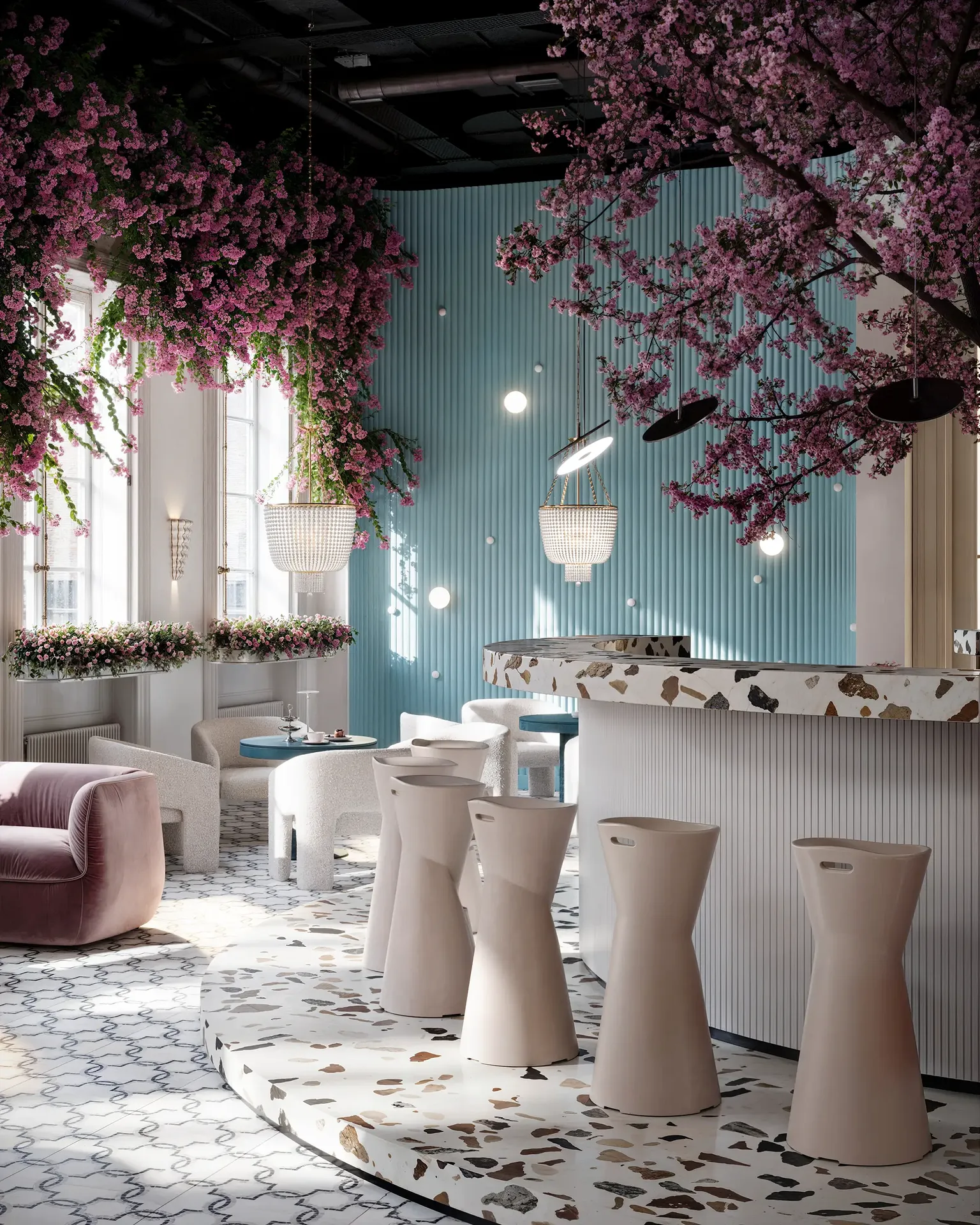 Row of modern bar stools providing solo seating at a sleek counter in the Sakura Serenity Cafe.