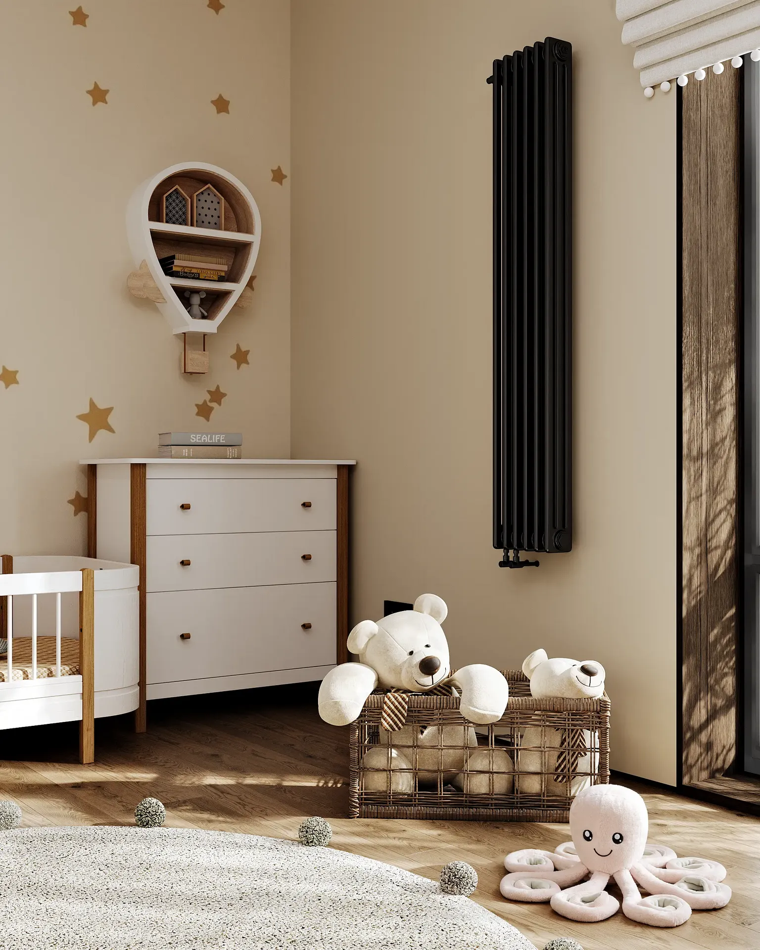 Detail of a light wood dresser and neatly arranged toys in a calming Japandi child's room.