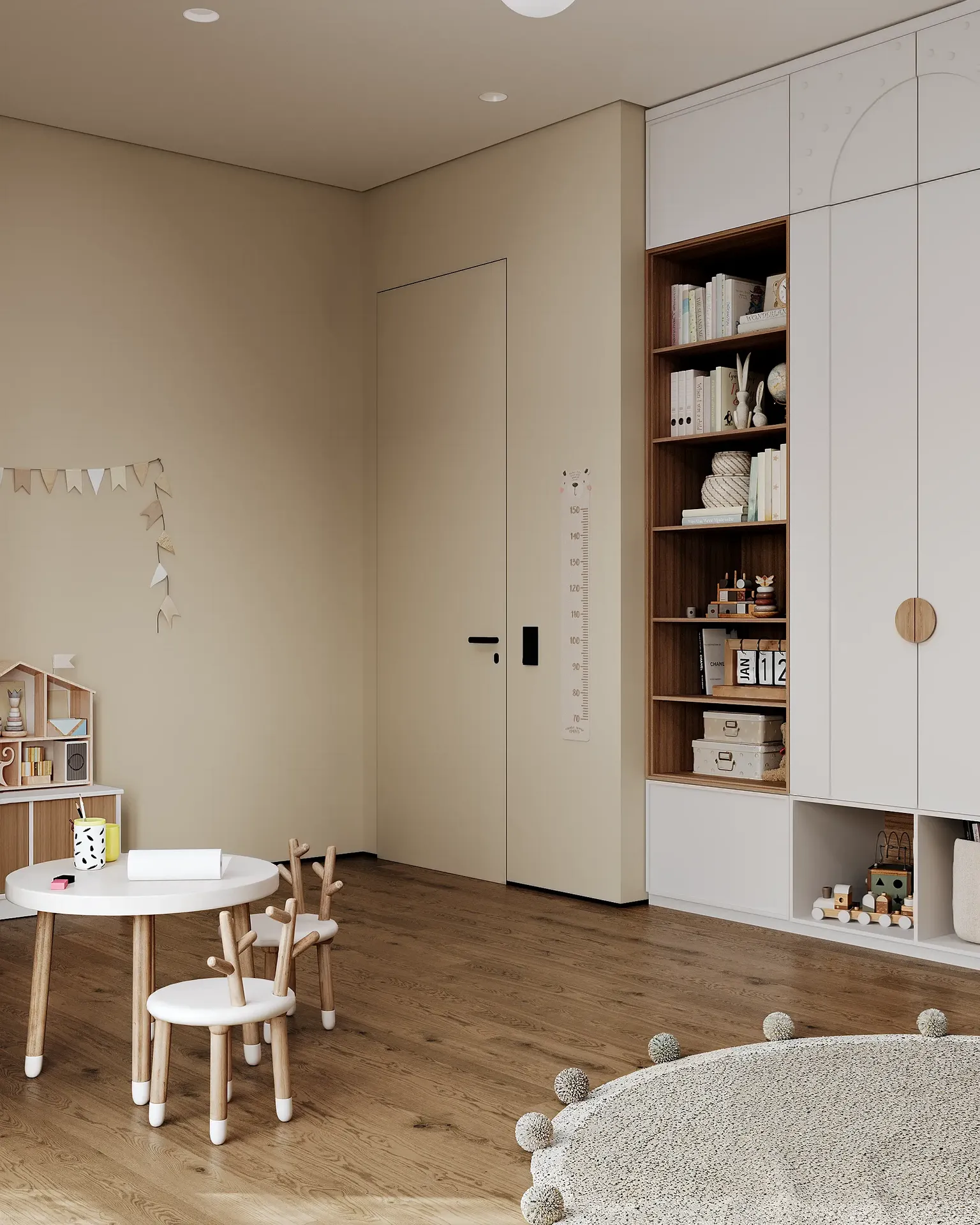 Japandi child's room entryway, showing a minimalist wardrobe and a wooden activity table.