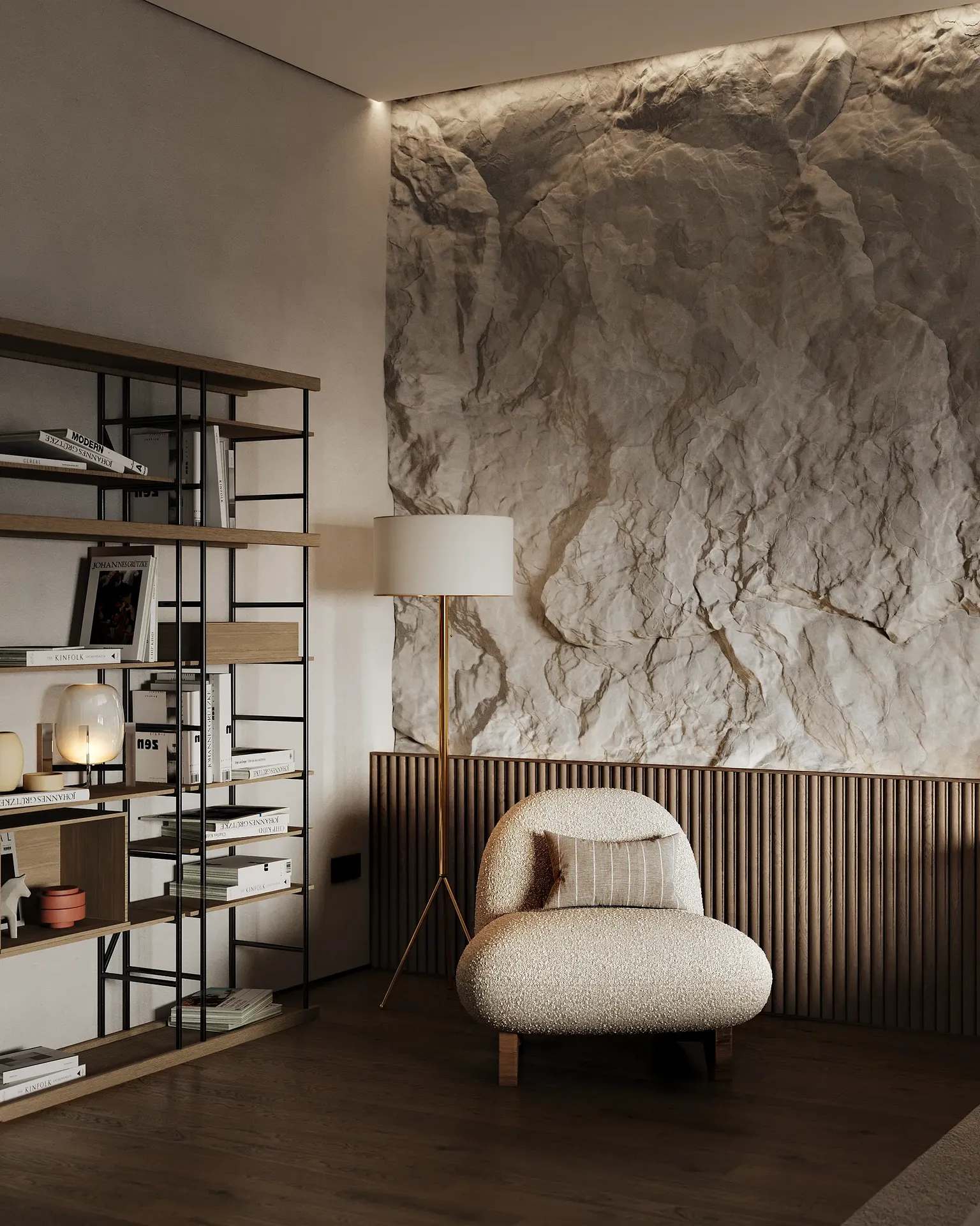 Serene Japandi reading nook with a cozy armchair, minimalist floor lamp, and wooden shelving.