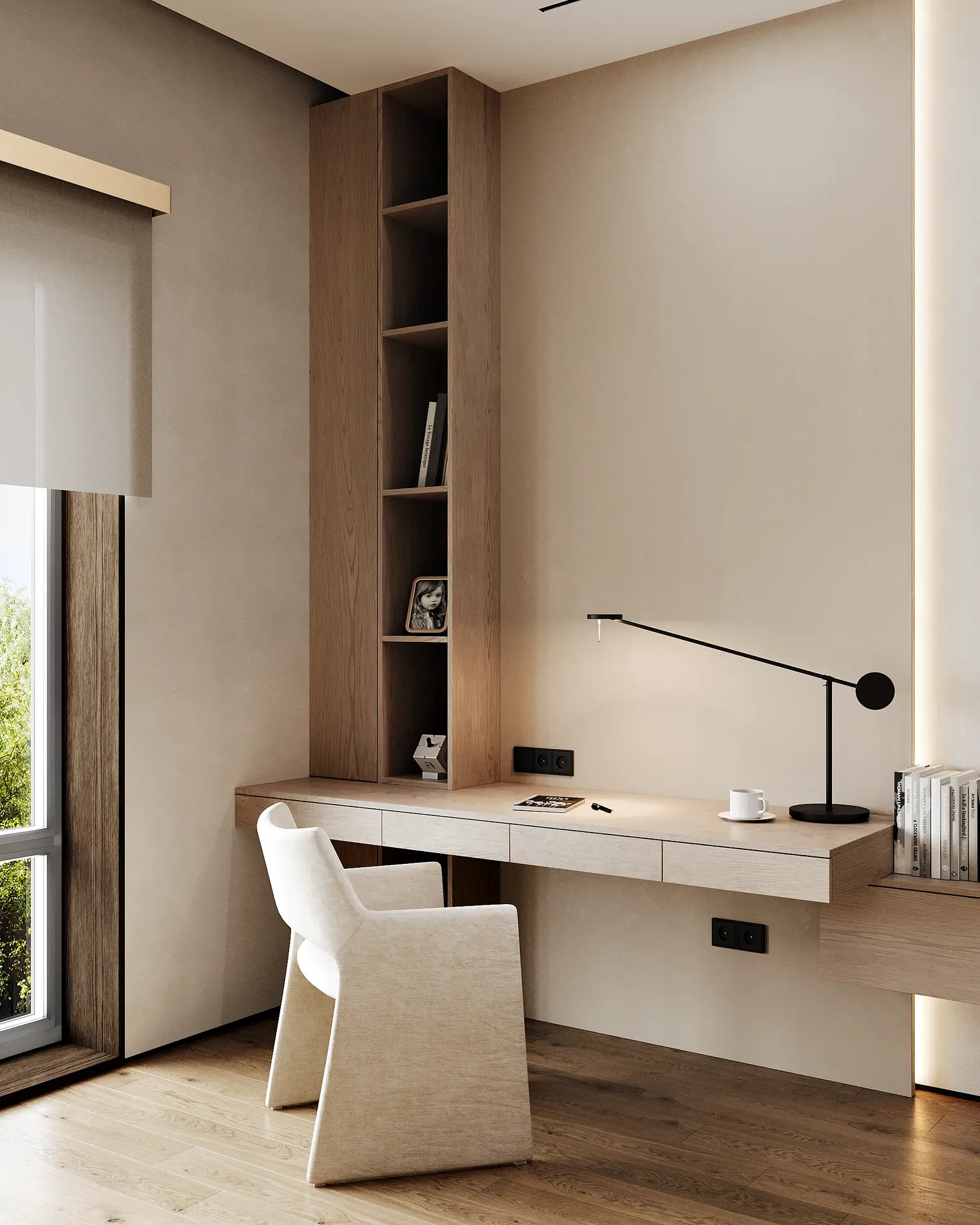 Minimalist Japandi home office space with a sleek wooden desk and simple, functional decor.