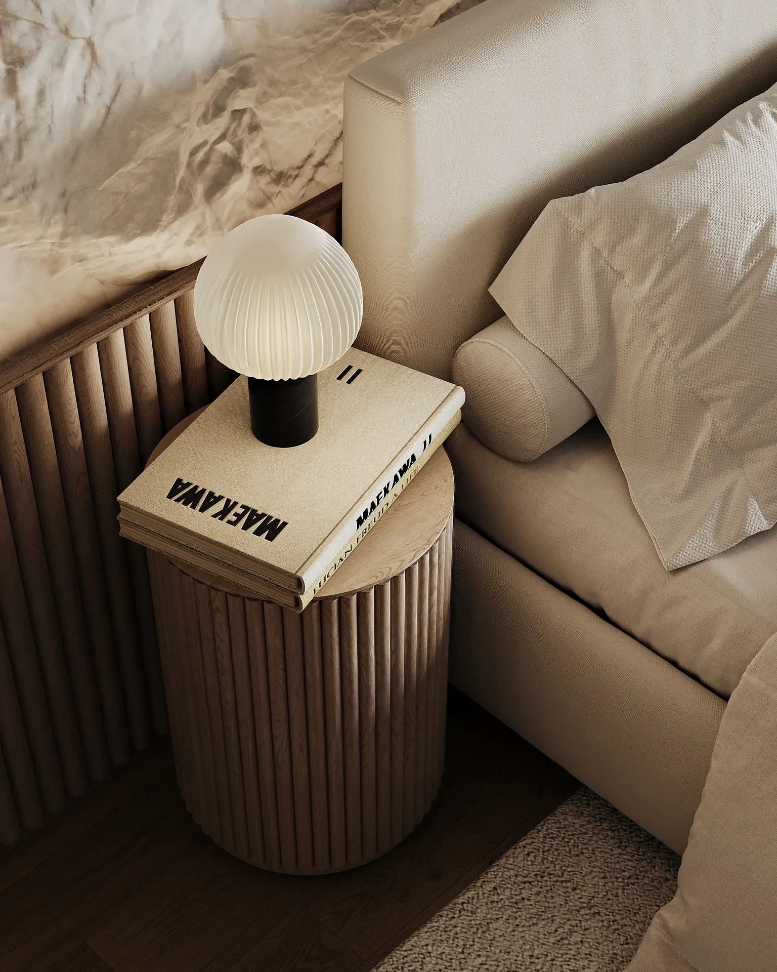 Minimalist Japandi vanity table serving as a nightstand, with a simple mirror and decor.