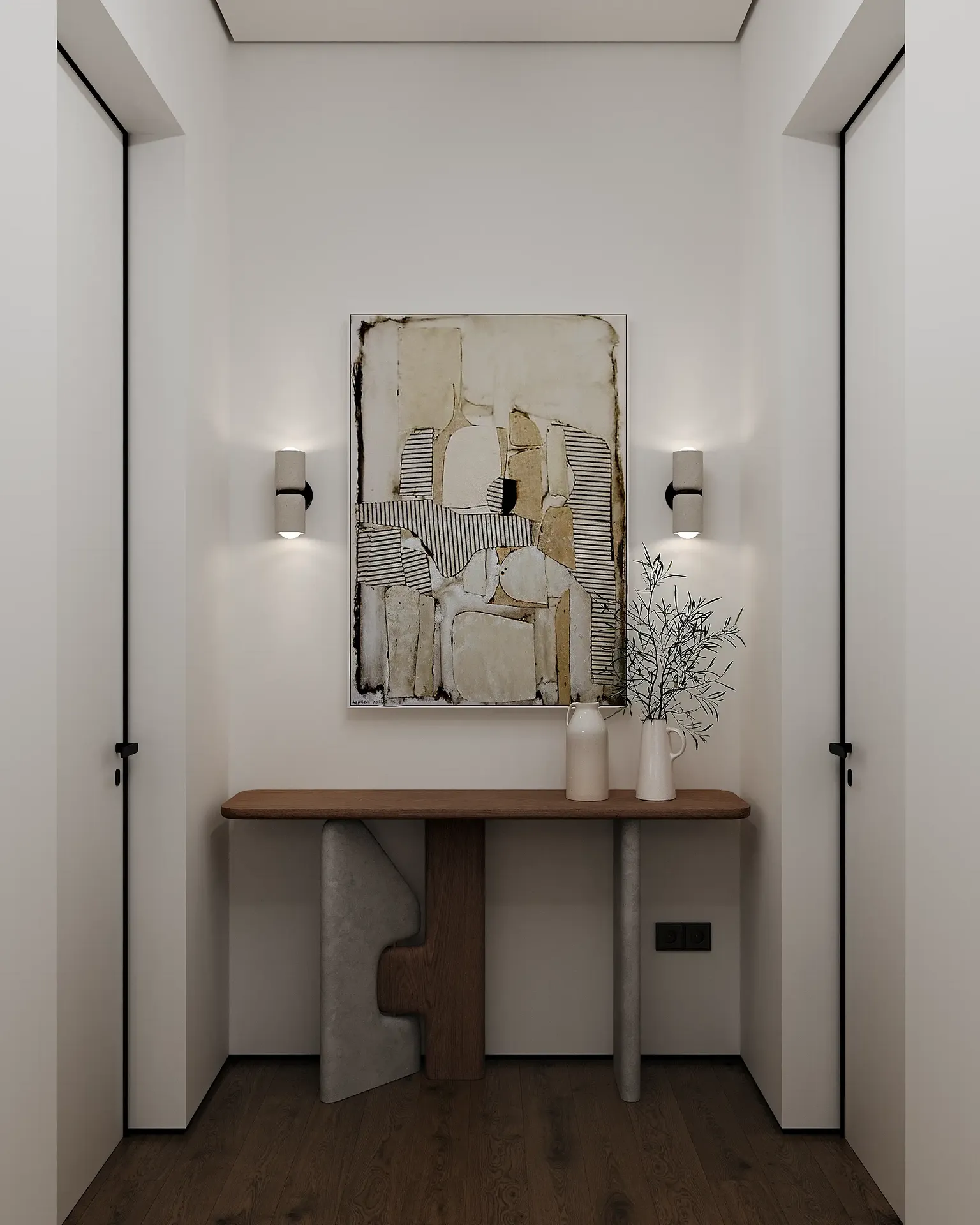 Elegant Japandi console table with decor, positioned in the hallway between two bedrooms.