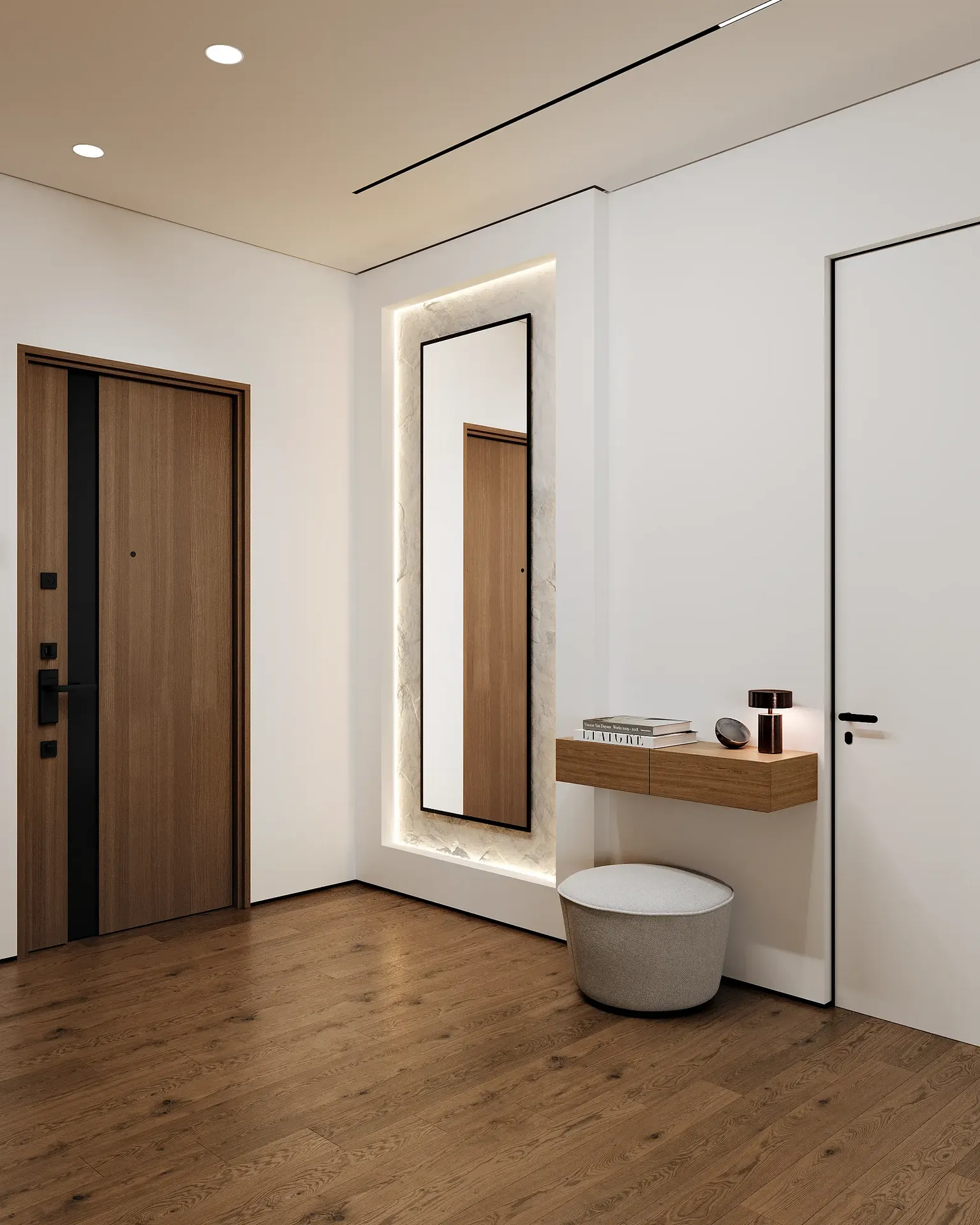 Minimalist Japandi apartment entryway with built-in storage and the door to the guest washroom.