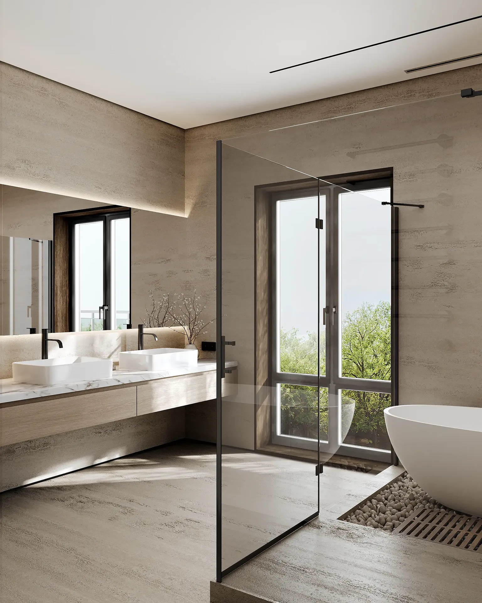 Japandi master bathroom featuring a modern double vanity with two sleek countertop sinks.