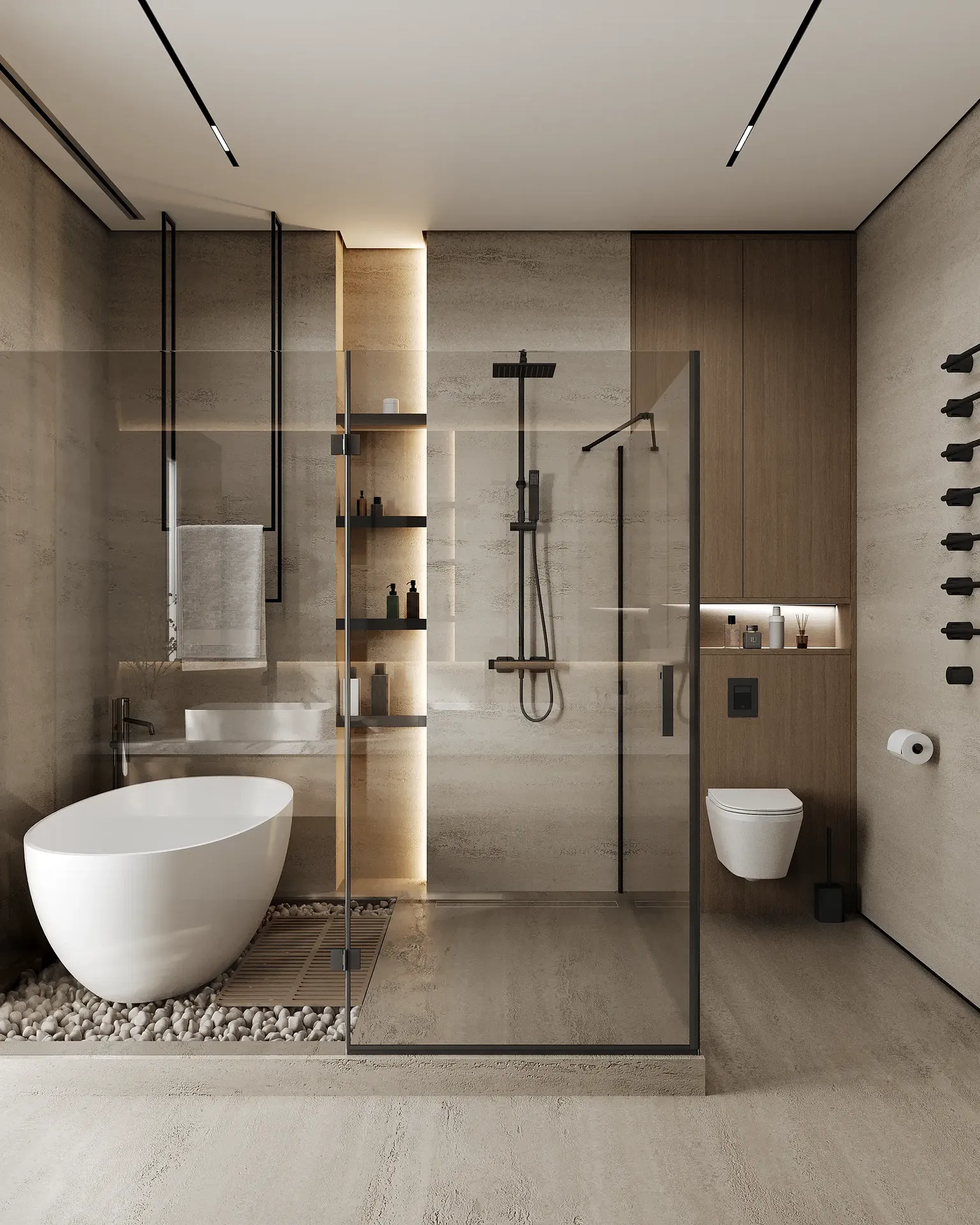 Master bathroom in Japandi style, showing the walk-in shower and wall-mounted toilet.