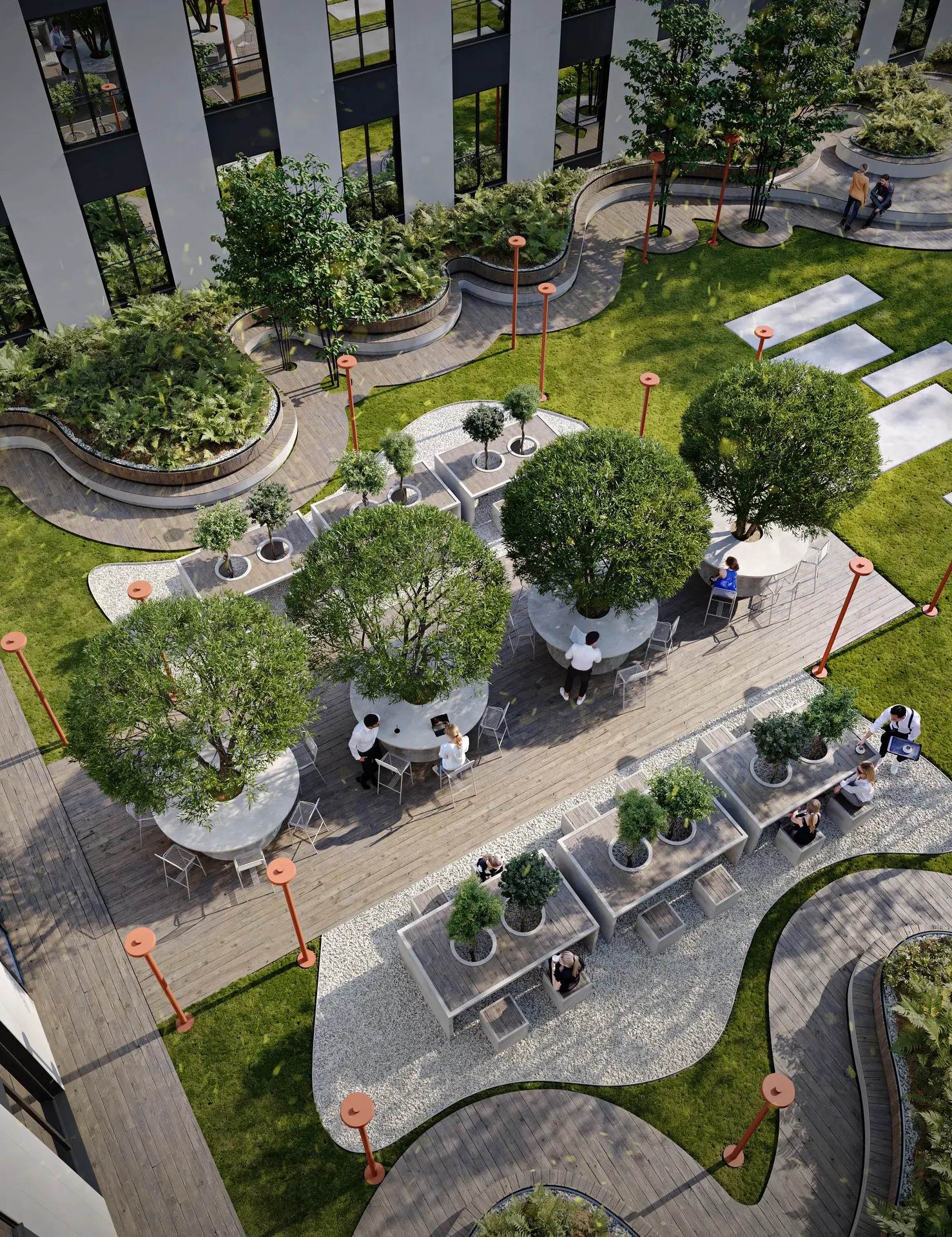 Overhead view of a lively community plaza, with people at tables arranged around large trees.