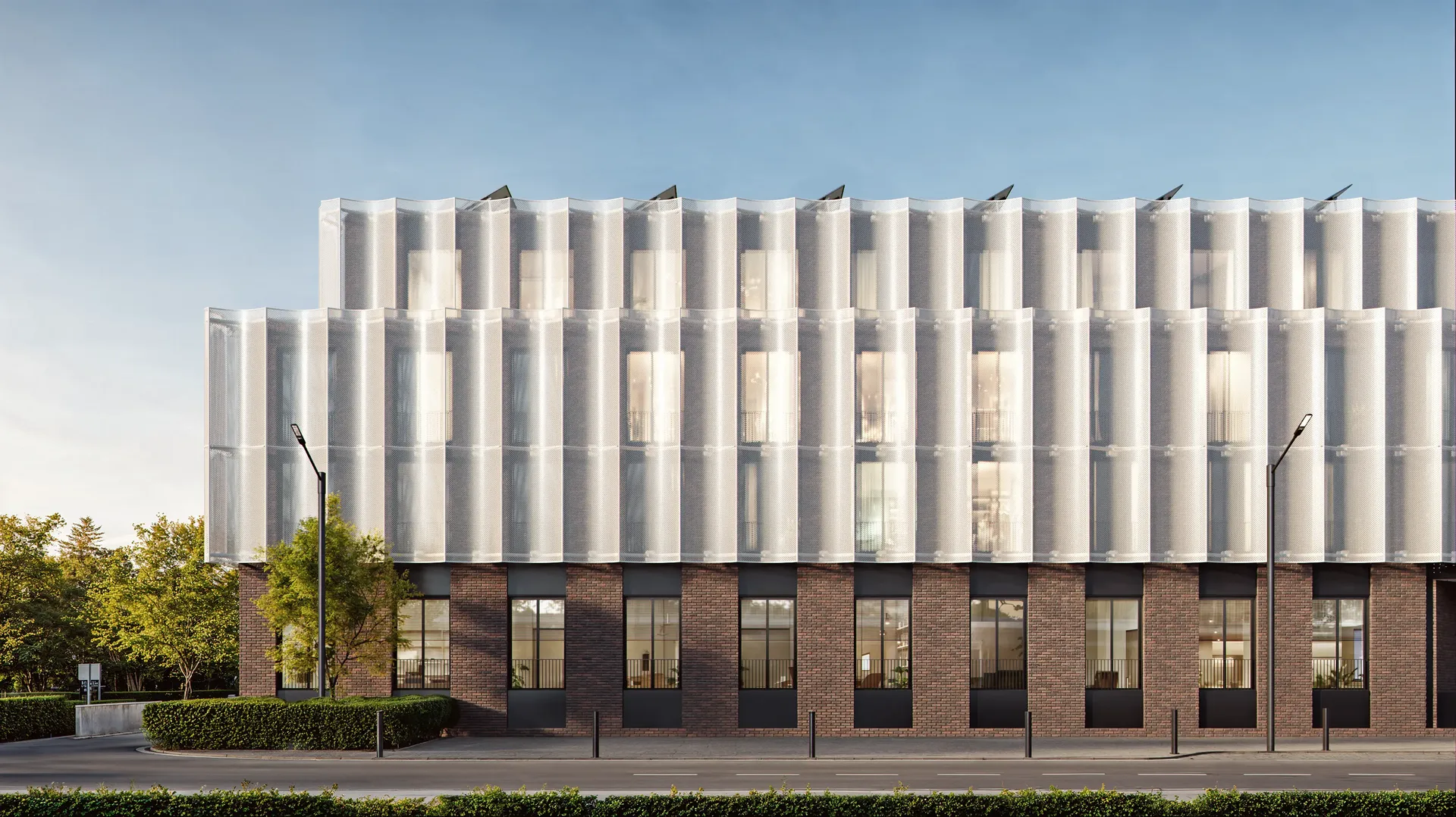 Frontal daytime view of the modern residential complex, showcasing facade design option 4.