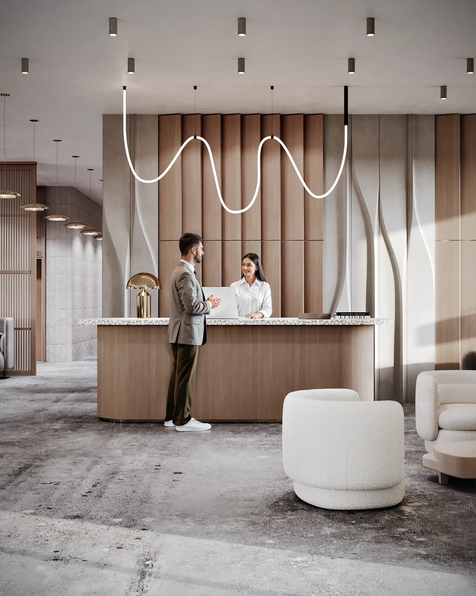 Modern residential lobby reception, showing a concierge assisting a guest by the elevator bank.
