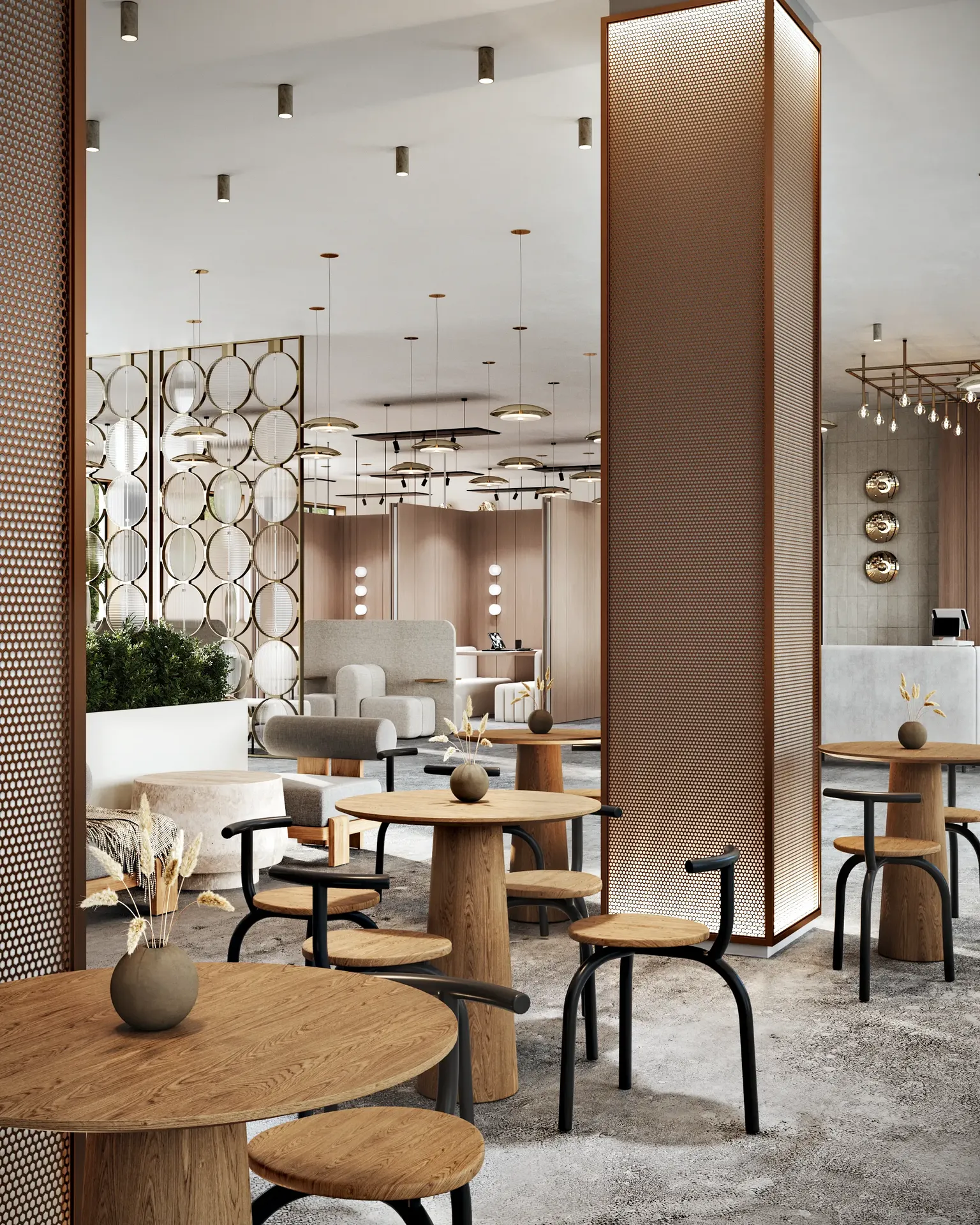 View from the cafe over the multi-functional lobby, showing the entrance lounge and meeting pods.