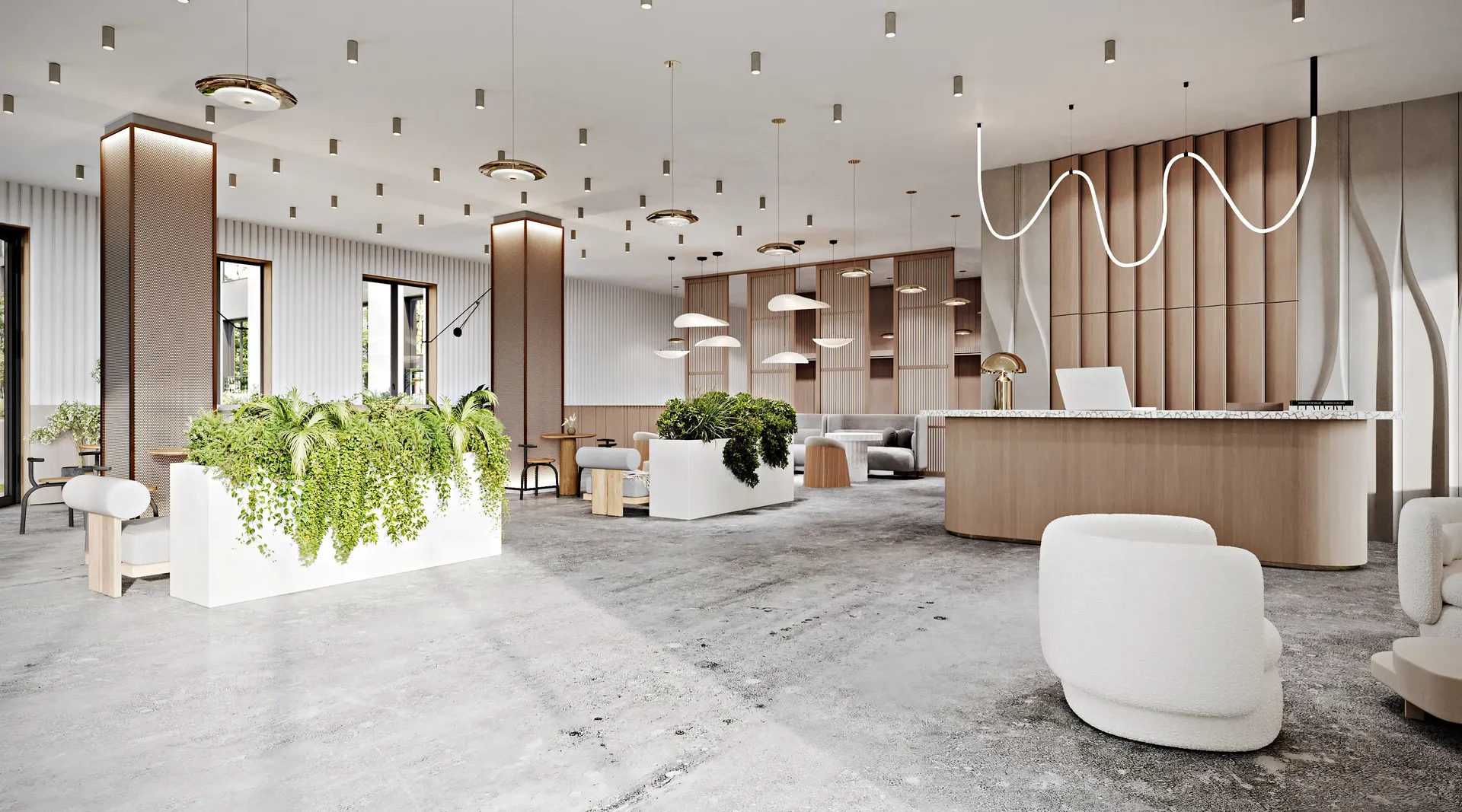 Dynamic corner view of the modern lobby, highlighting the cafe, reception, and lush plant arrangements.