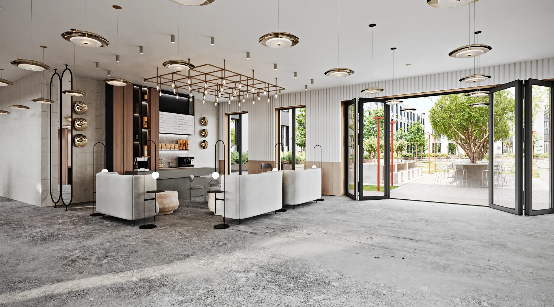 Corner view of the modern cafe, showing the sleek bar, high-back seating, and courtyard entrance.