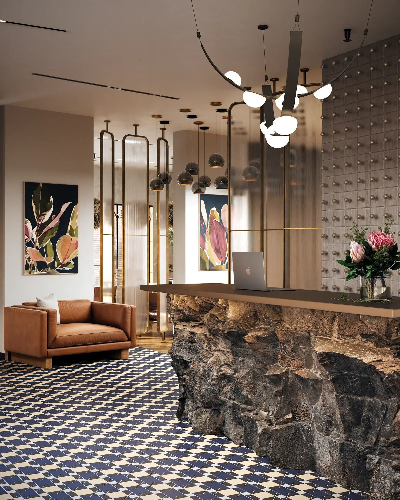 Corner view of the elegant salon reception and waiting lounge, separated by stylish partitions.