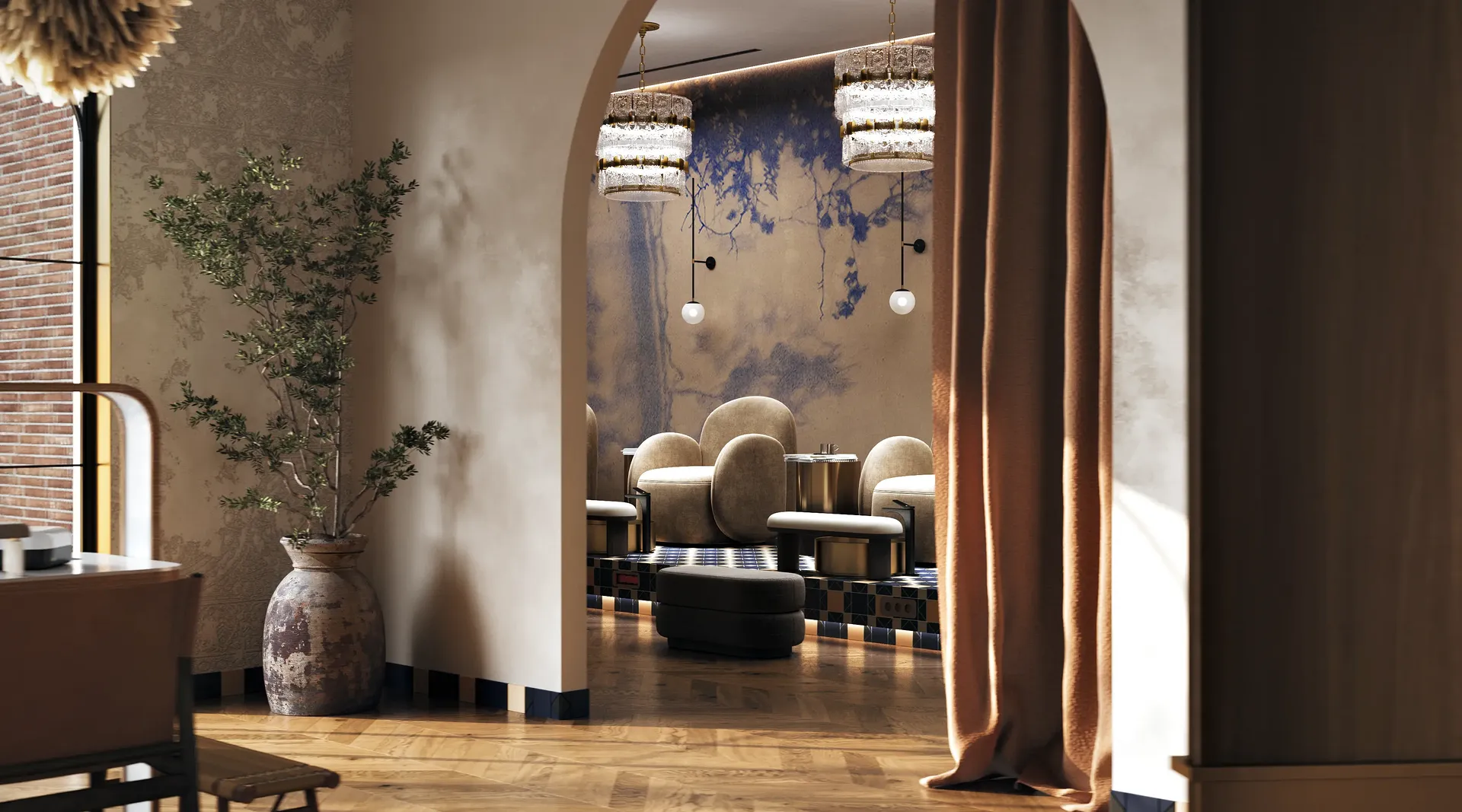 Detail shot of the arched entrance to the pedicure room, styled with a large floor vase.