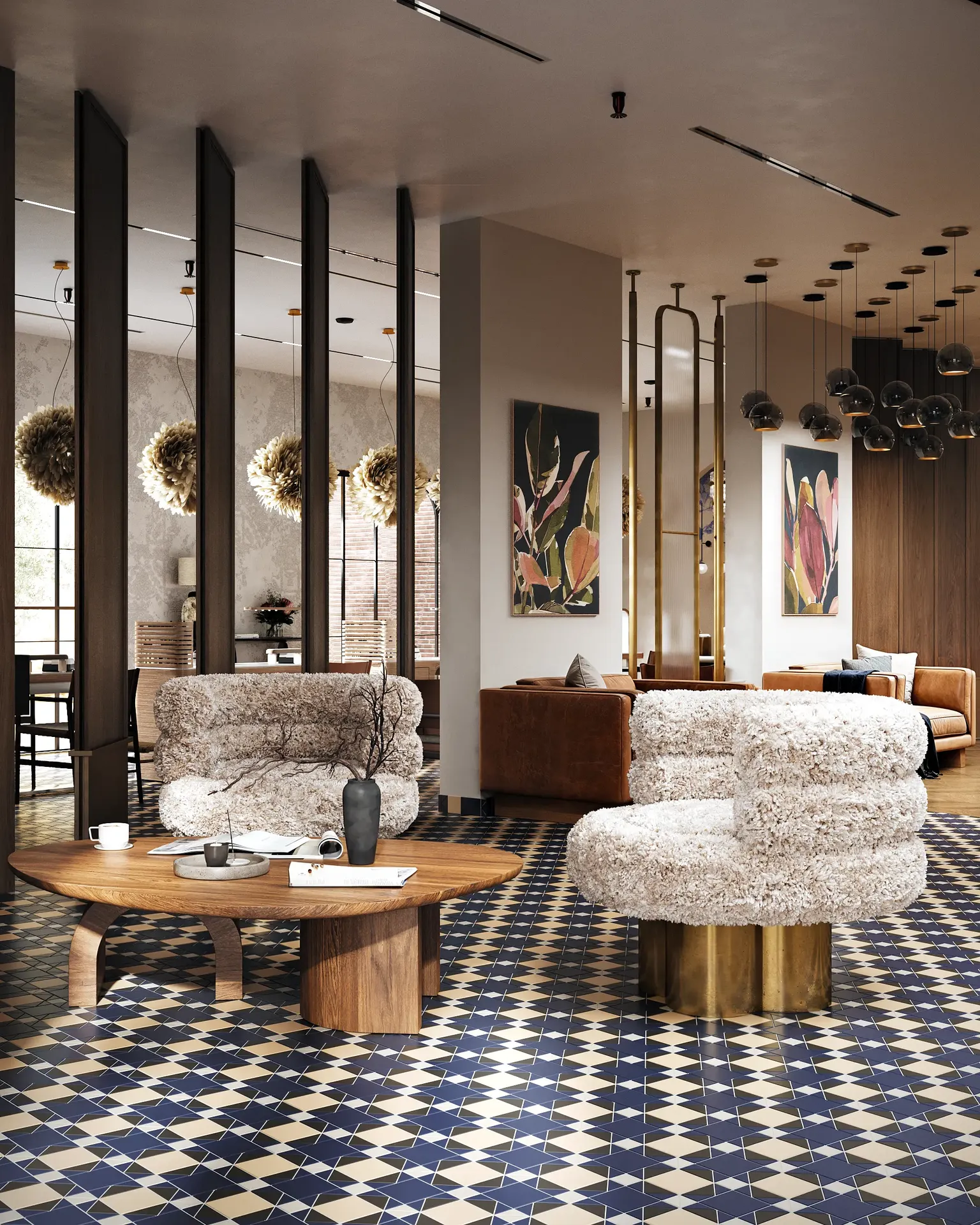 Stylish waiting lounge arrangement with two modern armchairs and a central coffee table.